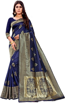 KANGLI Woven Banarasi Cotton Silk Saree(Dark Blue)