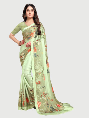 RekhaManiyar Floral Print Banarasi Satin Saree(Green)