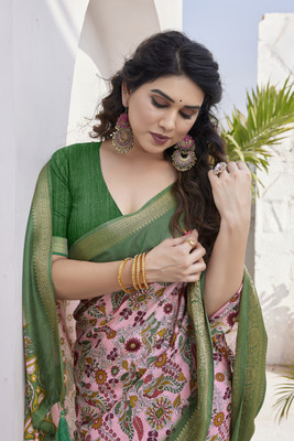 MIRCHI FASHION Printed, Embellished Kalamkari Cotton Silk, Silk Blend Saree(Pink, Green)