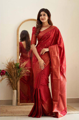 KIVERA Woven, Self Design Banarasi Silk Blend Saree(Red)