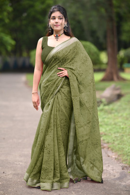 MIRCHI FASHION Printed, Floral Print Daily Wear Cotton Blend Saree(Green)