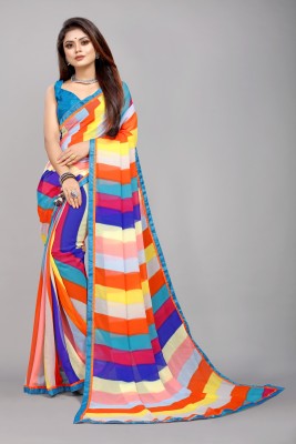 Georgette Saree Self Design, Striped, Applique Bollywood Georgette, Chiffon Saree(Blue)