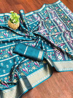 Sanjana Silks Printed Bollywood Silk Blend Saree(Blue)