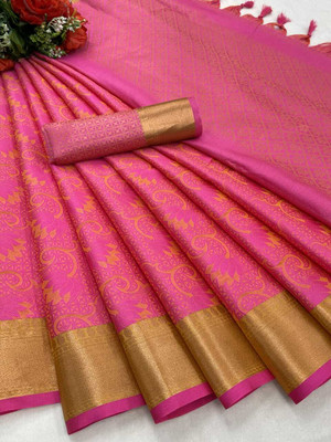 VRINDITA FASHION Striped, Woven, Checkered Banarasi Silk Blend, Nylon Saree(Pink)
