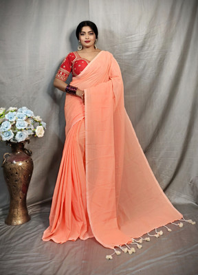RIDDHIMAN FASHION Solid/Plain Handloom Pure Cotton Saree(Orange)