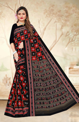 HouseOfCommon Printed Sambalpuri Pure Cotton Saree(Black, Red)