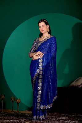 NQUEEN Embroidered Bollywood Georgette Saree(Blue)