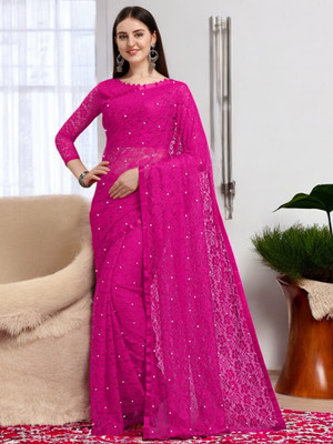 NORAFLEX Embroidered Bollywood Net Saree(Pink)