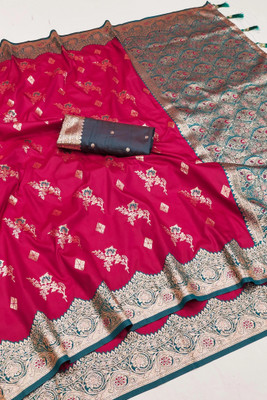 fabguru Woven, Floral Print, Geometric Print Banarasi Silk Blend Saree(Pink)