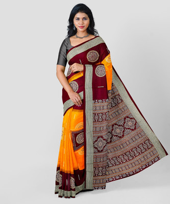 Tulsi Printed Sambalpuri Pure Cotton Saree(Orange, Maroon, Gold, Red)
