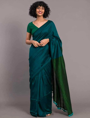 BRYNBRIT Self Design, Temple Border Handloom Cotton Blend Saree(Red)