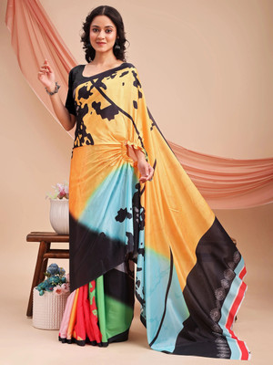 Leelavati Printed, Embellished, Embroidered Daily Wear Chiffon Saree(Black, Yellow, Multicolor)
