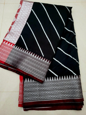Ansari Fabrics Temple Border Kanjivaram Handloom Satin Saree(Black)
