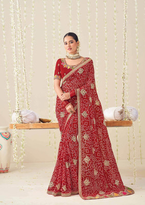 Laxmipati sarees Embroidered Saree with Attached Blouse Chiffon Saree(Red)