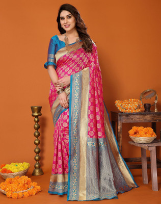 YASHIKA Printed Kanjivaram Silk Blend Saree(Pink)