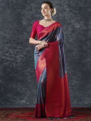 Divastri Woven Banarasi Silk Blend Saree(Dark Blue, Grey)