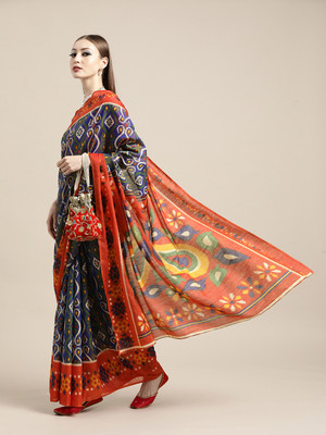 Divastri Geometric Print Ikkat Silk Blend Saree(Blue)