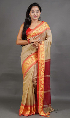 ANU INDIAN FASHION Woven, Temple Border Handloom Cotton Silk Saree(Gold)