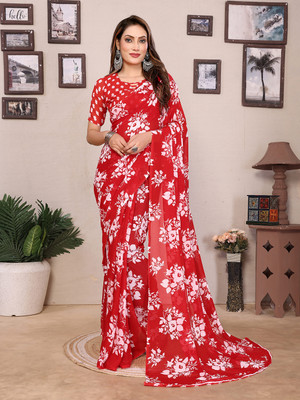 Anmi Floral Print Daily Wear Georgette Saree(Red)