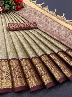 LADY SHOPI Embellished Banarasi Cotton Silk Saree(Cream, Brown)