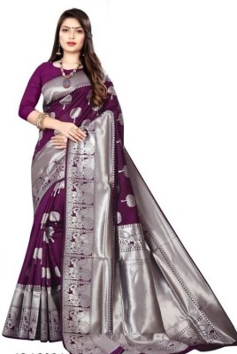 LEAFSY Self Design Banarasi Jacquard Saree(Purple, Silver)