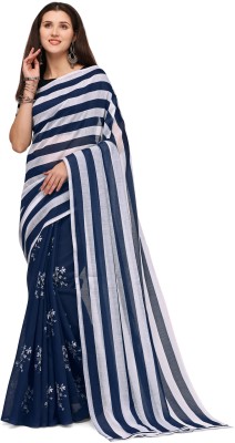 Solucions Printed Chanderi Chanderi, Cotton Blend Saree(Blue, White)