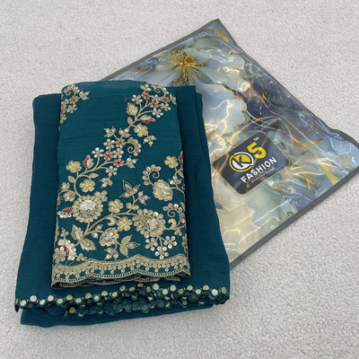K 5 FASHION Embroidered, Solid/Plain Bollywood Tissue Saree(Dark Blue)