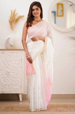 WOMENELEGENCE Printed Banarasi Cotton Silk Saree(White)