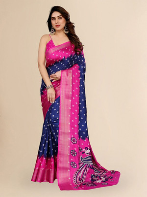 Moda Rapido Printed Bandhani Silk Blend Saree(Dark Blue, Pink)