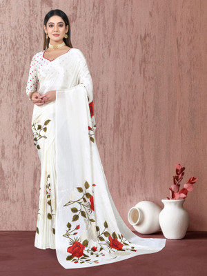 VARNI DESIGNER HUB Floral Print Bollywood Chiffon Saree(White)