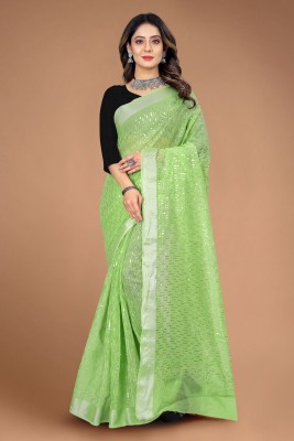 J V P TRENDS Embroidered Bollywood Chanderi, Cotton Silk Saree(Light Green)