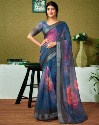 Divastri Digital Print, Floral Print, Embellished Bollywood Linen Saree(Multicolor, Blue)