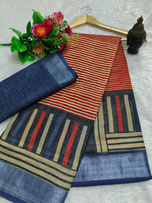 HangerStories Woven Kanjivaram Pure Cotton, Cotton Linen Saree(Orange, Black)