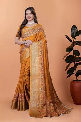 RASIFASHION Printed Banarasi Cotton Blend Saree(Mustard)