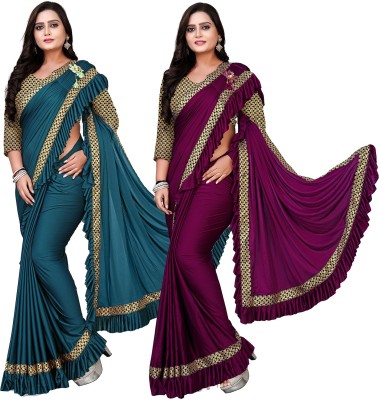 DECOFIN Woven, Solid/Plain Bollywood Lycra Blend Saree(Pack of 2, Purple, Light Blue)