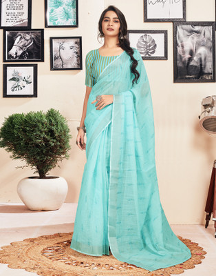 Samah Printed, Embellished, Striped Jamdani Cotton Blend Saree(Light Blue)