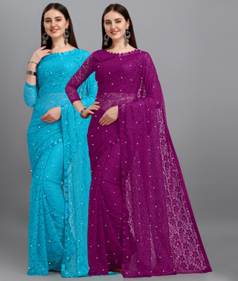 LOROFY Self Design Bollywood Net Saree(Pack of 2, Light Blue, Purple)