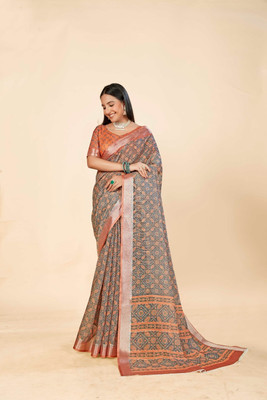 VTEXX Digital Print Saree with Attached Blouse Cotton Linen Saree(Multicolor)