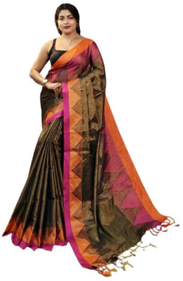 ANU INDIAN FASHION Woven, Self Design Handloom Cotton Blend Saree(Black, Orange, Pink, Multicolor)