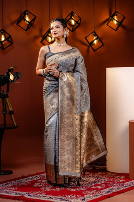 Dhruvil Impex Self Design Banarasi Silk Blend Saree(Grey)