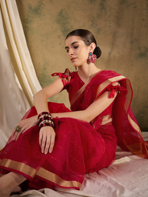 Sangria Woven Banarasi Organza Saree(Red)