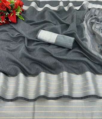 Vikash fab Solid/Plain Kasavu Cotton Linen Saree(Grey)