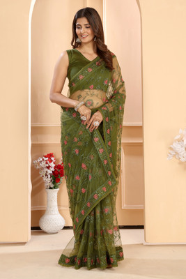 PATLANI STYLE Embroidered Bollywood Net Saree(Green)