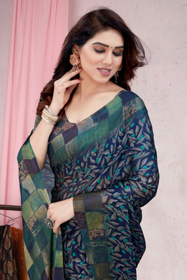 MIRCHI FASHION Printed, Checkered Daily Wear Chiffon Saree(Dark Blue)