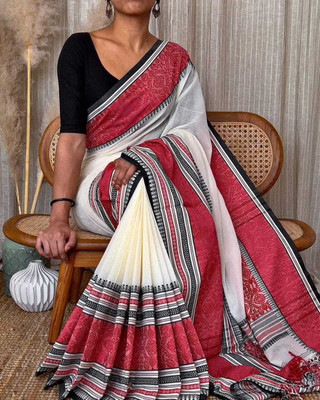 Balika bodhu Self Design Handloom Pure Cotton Saree(White, Red, Black)