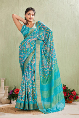 PremVastra Printed Kalamkari Mulmul Saree(Blue)