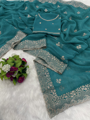 greeva enterprise Embroidered Bollywood Organza Saree(Light Blue)