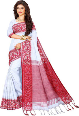 Joyguru Textile Self Design Handloom Pure Cotton Saree(White)