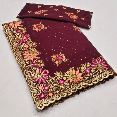 KHRITI FAB Embroidered, Floral Print Bollywood Georgette Saree(Brown)