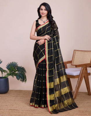 Samah Woven, Embellished, Striped Kota Doria Silk Blend Saree(Black, Gold)